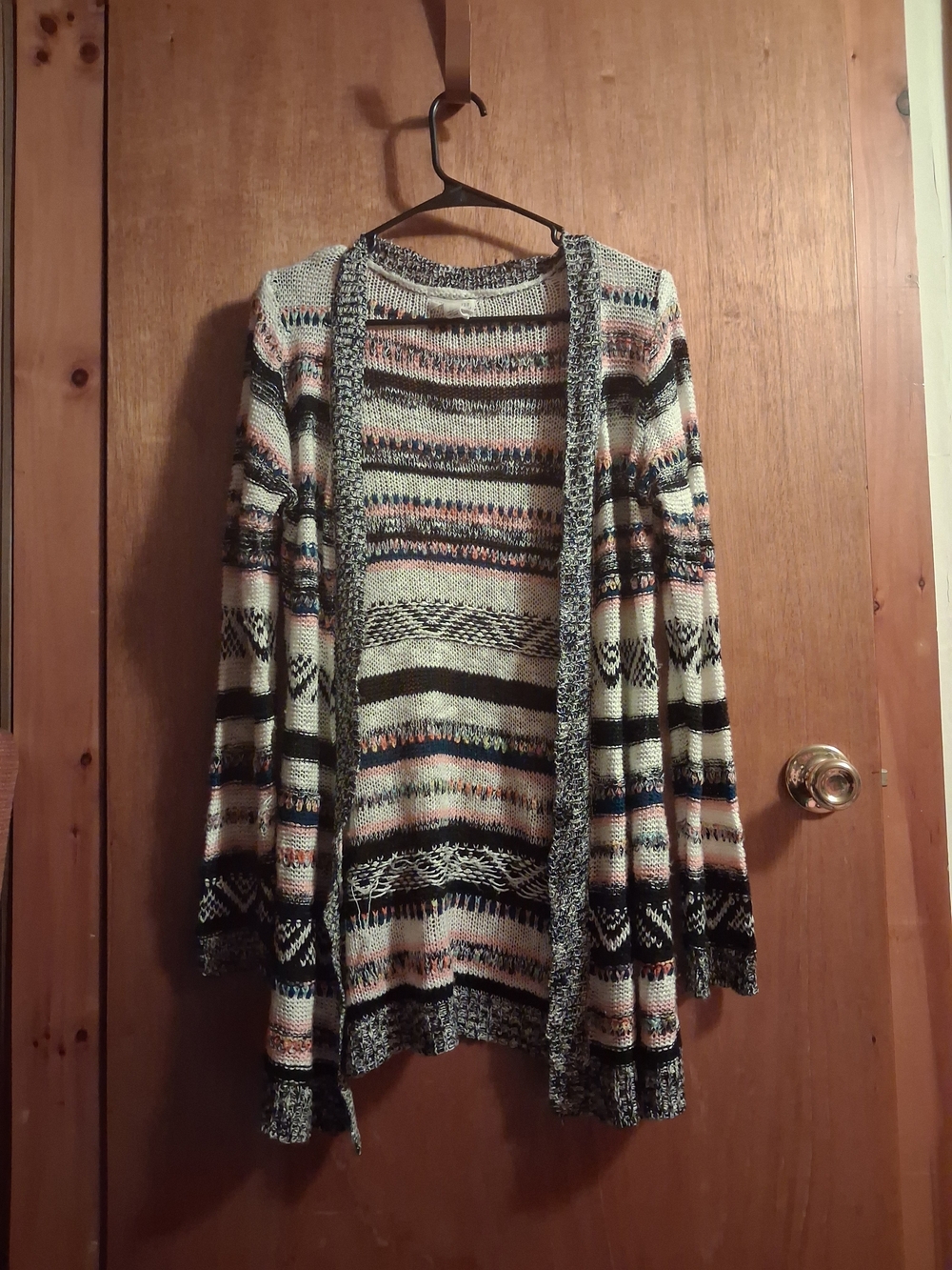 Full Tilt Open-Front Striped Knit Cardigan in Cream, Black, Pink & Blue
